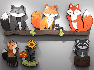 Cartoon Woodland Animals with Sunflower Mushroom and Plant Decor on Tree Branch and Stumps 3d model