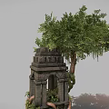 Ancient Stone Brick Tower Architecture With Arched Window Surrounded by Vines and Trees 3d model