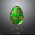 Ornate Green Decorative Egg With Gold Accents Red Patterns On Gold Stand