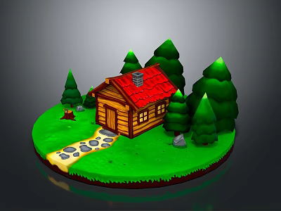 Charming Log Cabin With Red Roof Green Trees And Stone Path On Lush Lawn 3d model