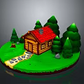Charming Log Cabin With Red Roof Green Trees And Stone Path On Lush Lawn