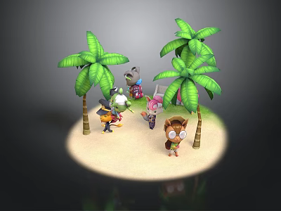 Playful Cartoon Beach Scene With Green Palm Trees And Animal Characters 3d model