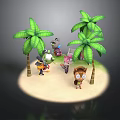 Playful Cartoon Beach Scene With Green Palm Trees And Animal Characters