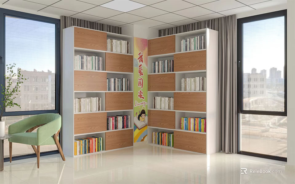 L Shaped Wooden Bookcase With Many Shelves Filled With Books And Green Chair In Bright Interior 3d model 