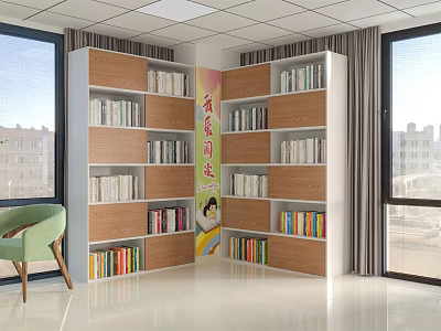 L Shaped Wooden Bookcase With Many Shelves Filled With Books And Green Chair In Bright Interior 3d model
