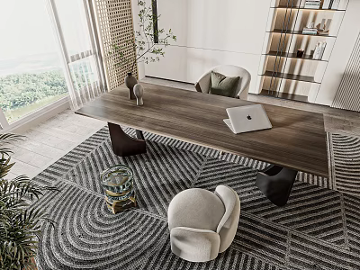 Spacious Wooden Desk with Laptop Vase and Chairs on Striped Rug by Nature View 3d model