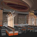 Futuristic Bar Interior With Red Lighting Circular Decorations And Astronaut Decor
