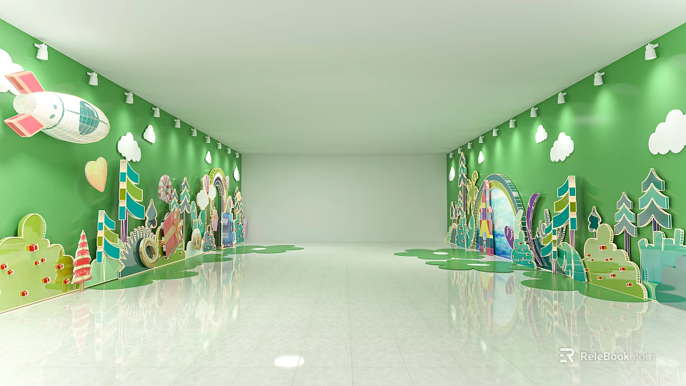 Activity Passage With Green Walls Cartoon Decorations White Floor And Lights 3d model 
