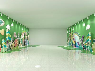 Activity Passage With Green Walls Cartoon Decorations White Floor And Lights 3d model