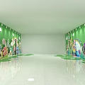 Activity Passage With Green Walls Cartoon Decorations White Floor And Lights