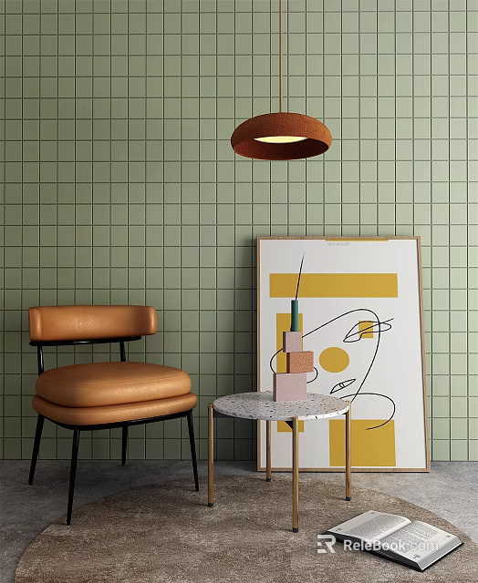 Brown Leather Single Sofa With Side Table And Art Print Against Green Tile Wall 3d model