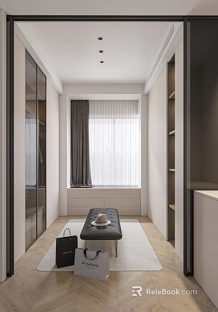 Modern Walk In Closet With Large Window Bench And Hat 3d model