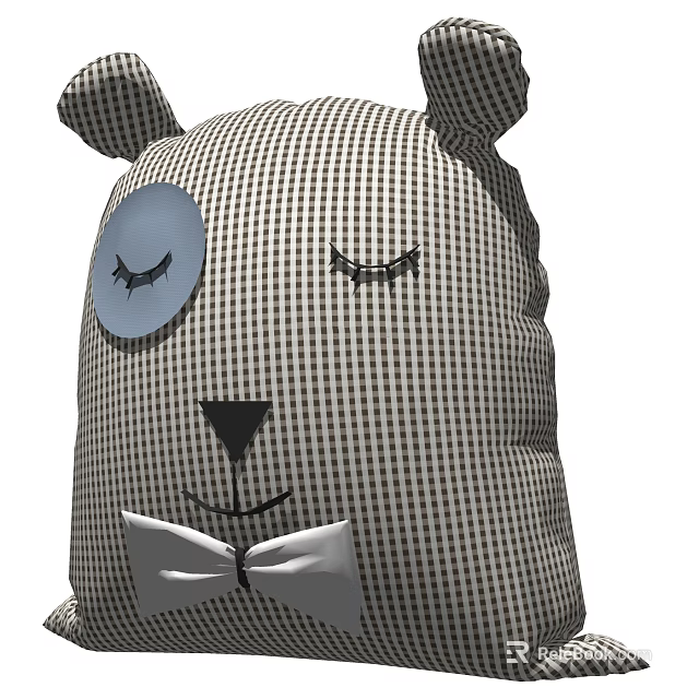 Cute Bear Shaped Pillow with Closed Eyes Eyelashes Bow Tie and Checkered Design 3d model 