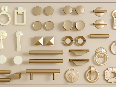 Various Shapes Golden Beige Metal Handles for Cabinets Drawers Decorative Design 3d model