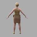 Woman Standing In Sleeveless Beige Top And Brown Pleated Skirt With High Heels