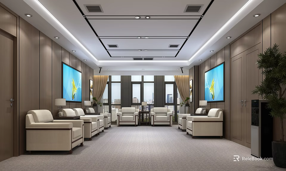 Modern Hotel Public Lounge Interior With Beige Sofas Armchairs Blue Wall Paintings And Large Windows 3d model 
