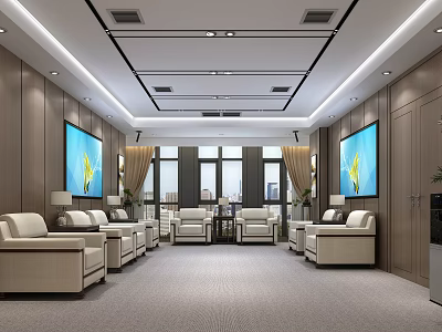 Modern Hotel Public Lounge Interior With Beige Sofas Armchairs Blue Wall Paintings And Large Windows 3d model