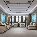 Modern Hotel Public Lounge Interior With Beige Sofas Armchairs Blue Wall Paintings And Large Windows