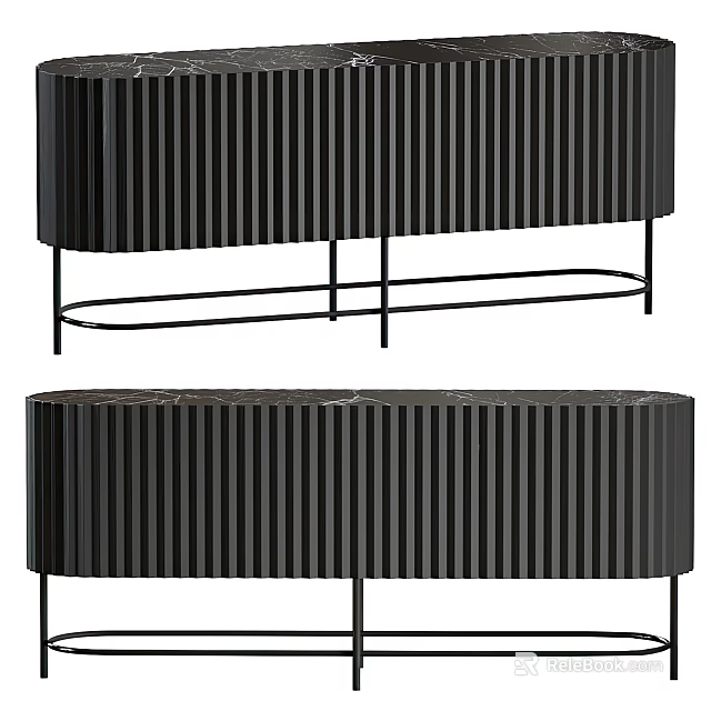 Modern Black Sideboard With Vertical Stripes And Sturdy Metal Legs For Dining Room 3d model 