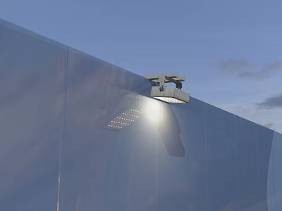 Security Camera Mounted On Glass Wall With Sunlight Shining Exterior 3d model