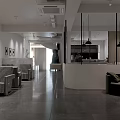 Modern Cafe Interior Design With Open Layout Bar Counter Gray Seating And Pendant Lights