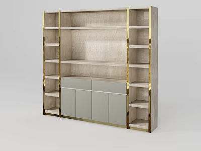 Modern Bookcase With Light Wood Finish Gold Accents Shelves And Storage Cabinets Design 3d model