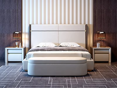 Elegant Double Bed Bedroom Interior with White Headboard Nightstands Lamps Bench and Striped Carpet 3d model