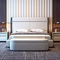 Elegant Double Bed Bedroom Interior with White Headboard Nightstands Lamps Bench and Striped Carpet