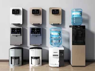 Various Modern Water Dispensers Including Wall Mounted And Floor Standing Types In Different Colors 3d model