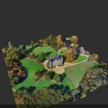 Aerial View Of Urban Architectural Complex With Castle Like Building Green Lawns And Trees