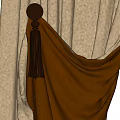 Elegant Beige And Brown Draped Curtains With Tiebacks On Decorative Rod