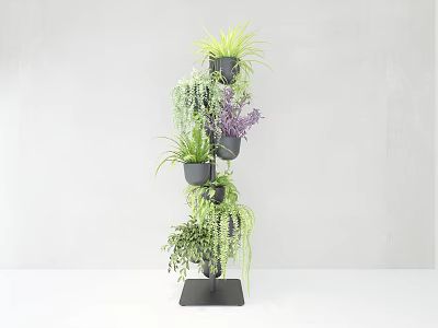 Multi Tiered Indoor Plant Stand With Hanging Green Purple Plants And Black Pots 3d model