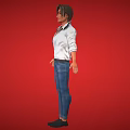 Man in White Shirt with Rolled-up Sleeves Blue Jeans and Black Shoes Against Red Background