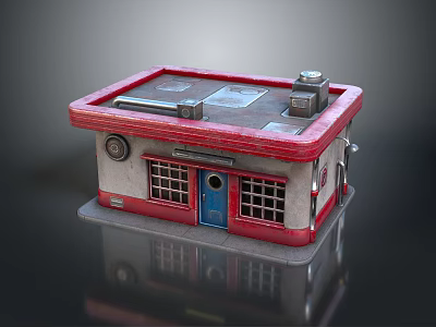Vintage Small Building With Red Roof Blue Door Grid Windows And Roof Appliances 3d model