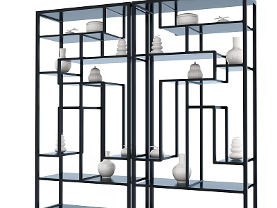 Stylish Black Frame Shelving Unit With Multiple Shelves And Decorative Vases 3d model