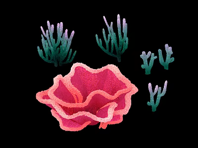Pink Flower Shaped Aquatic Animal With Green Purple Aquatic Plants On Black Background 3d model