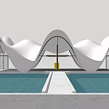 Ancient Architecture With Traditional Curved Roof Scenic Pond Walkway And Mountain Trees