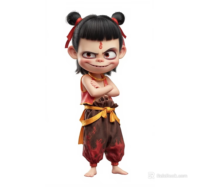 Animated Game Movie Character With Double Bun Red Top Brown Pants Yellow Belt Arms Crossed 3d model 