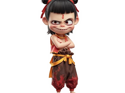 Animated Game Movie Character With Double Bun Red Top Brown Pants Yellow Belt Arms Crossed 3d model