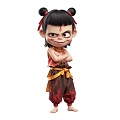 Animated Game Movie Character With Double Bun Red Top Brown Pants Yellow Belt Arms Crossed