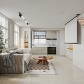 Modern Apartment Interior Design With White Cabinets Wooden Countertop Blue Chair And Beige Sofa