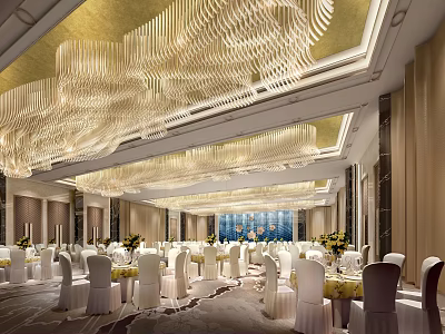 Luxurious Banquet Hall with Grand Chandeliers White Tables Chairs Golden Ceiling and Elegant Decor 3d model