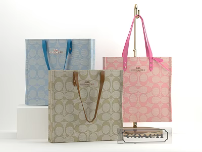 Stylish Coach Canvas Bags With Repeating Circle Pattern And Leather Handles In Blue Beige Pink 3d model