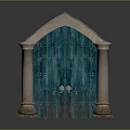 Teal Wooden Arched Main Entrance Door With Stone Columns And Metal Rivets