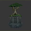 Cartoon Scene Of Block Built Green Tree With Exposed Roots On Miniature Stone Structure