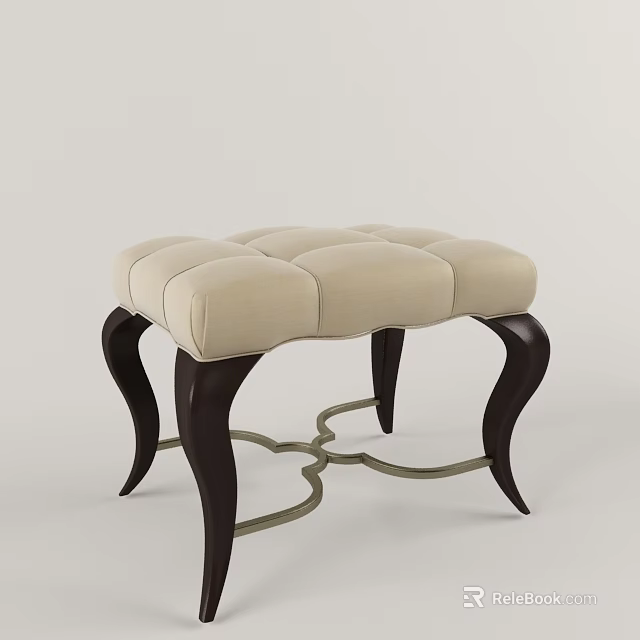 Elegant Beige Tufted Ottoman With Dark Wooden Curved Legs And Metal Frame 3d model 