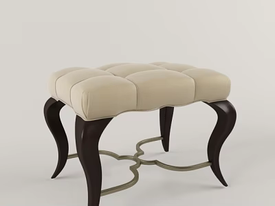 Elegant Beige Tufted Ottoman With Dark Wooden Curved Legs And Metal Frame 3d model