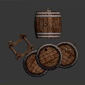 Rustic Wooden Barrels With Metal Hoops Stacked For Home Storage Use