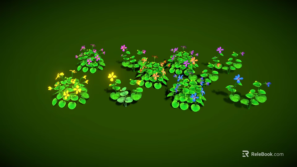 Green Plant Pots With Colorful Flowers And Lush Foliage On Green Background 3d model 