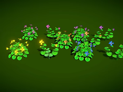 Green Plant Pots With Colorful Flowers And Lush Foliage On Green Background 3d model